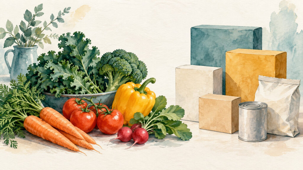 Ilustración generada con IA de verduras y envases genéricos, alusiva al procesamiento de alimentos.
