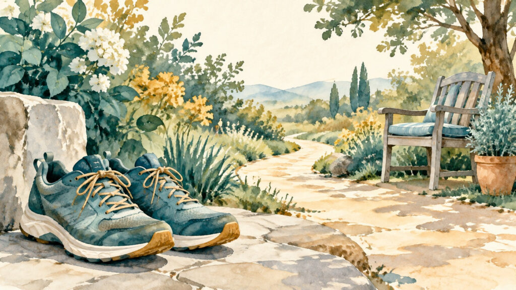 Ilustración generada con IA de zapatillas junto a un camino y una silla, alusiva al movimiento cotidiano.