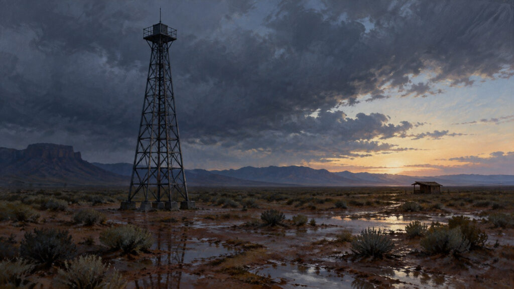 Una torre metálica en el desierto de Nuevo México al amanecer, con suelo mojado y nubes de tormenta que se abren. Ilustración conceptual generada con IA, no un documento histórico.
