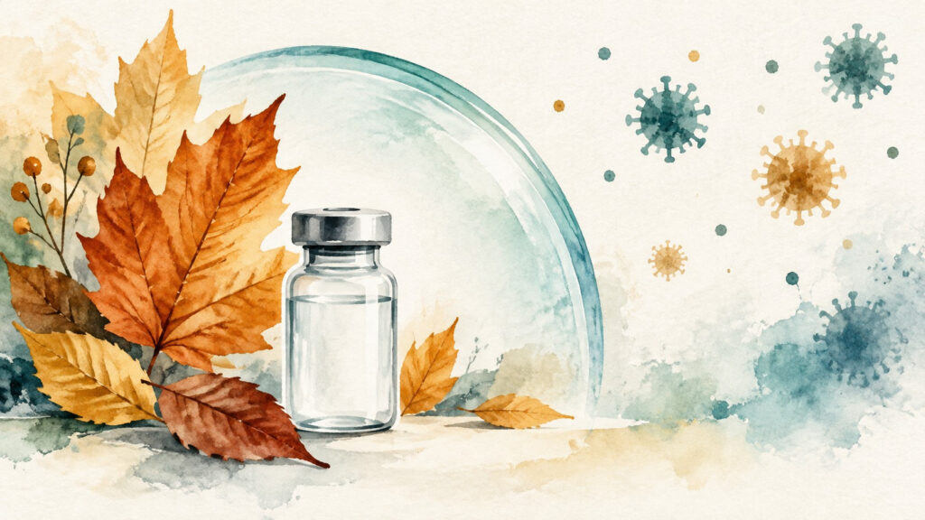 Ilustración generada con IA de un vial y hojas otoñales, alusiva a la vacunación estacional.